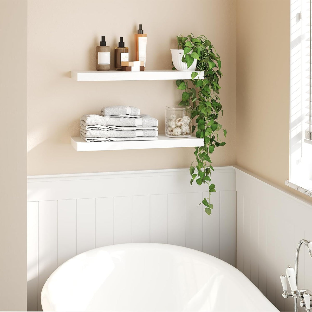 HOOBRO Floating Shelves for Wall, Wall Mounted Shelf Set of 2, 23.6" Hanging Shelf with Invisible Brackets, for Wall in Bathroom, Bedroom, Toilet, Kitchen, Living Room, Office, White WT60BJ01