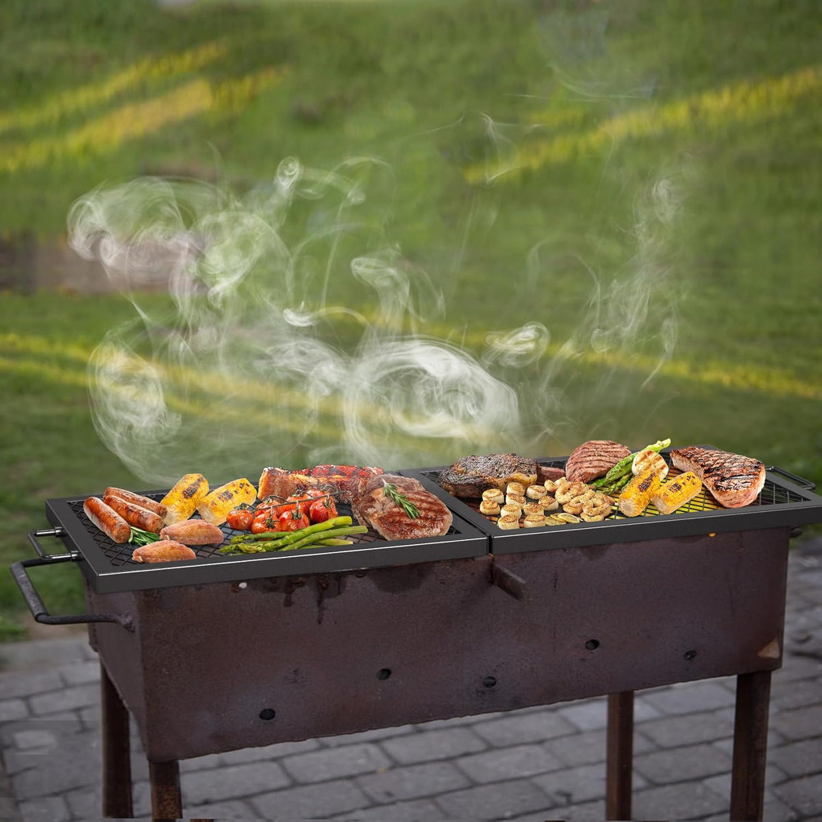 Onlyfire Foldable X-Marks Fire Pit Cooking Grate, Portable Rectangle Campfire Grill Grate with Handles, Heavy Duty Steel Campfire BBQ Grill for Outdoor, 40 inch