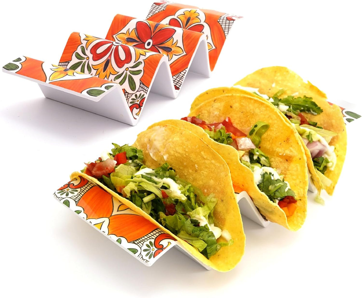 TP Taco Holder Stands, Set of 2 Melamine Large Taco Serving Rack Tray with Handle, Holds 3 Tacos, Dishwasher Safe, Ideal for Taco Night, Party, Home, Fiesta, Talavera Bloom