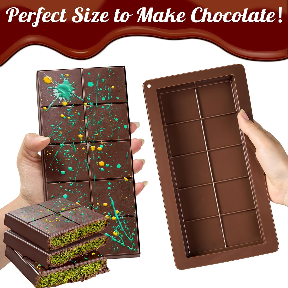 Dubai Chocolate Mold 2 Pack,0.79 Inch Deep Large and Thick Silicone Chocolate Bar Molds for Stuffed Bar,Big Chocolate Candy Bar Mold for Filling Knafeh Pistachio Kit