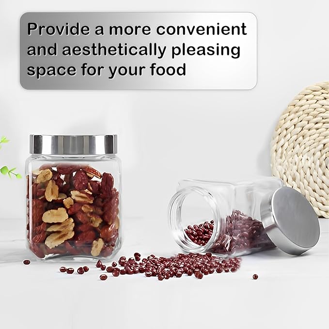 Square Glass Jars,4 Pack Food Storage Containers Glass Jars with Metal Lids 37 Oz Glass Jars Airtight Glass Canisters Kitchen Storage Jars ,Glass Canisters for Coffee, Spices Storage Jars Airtight Squ