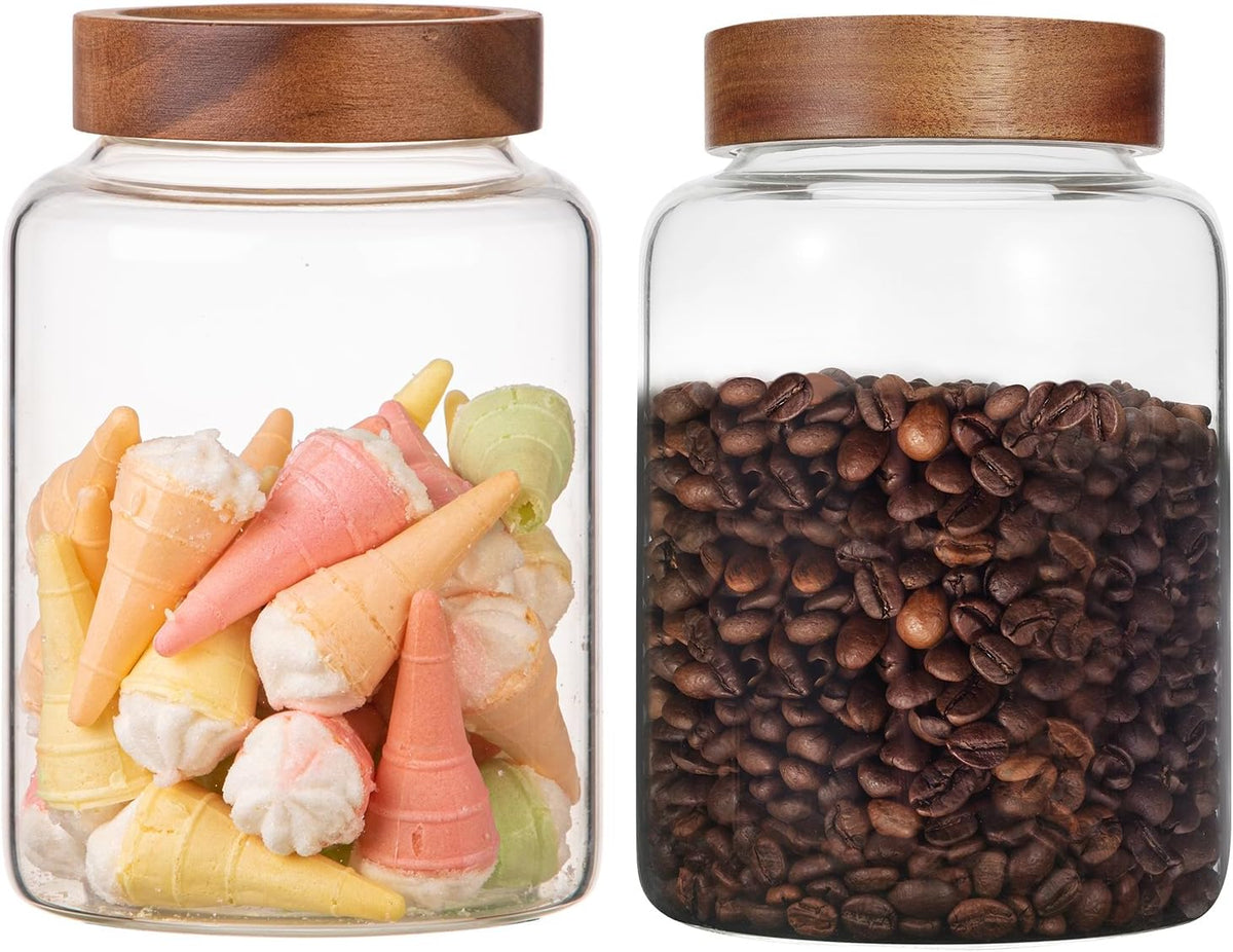 Large Glass Coffee Jars 60 oz /1800ml, Round Storage Canister with Wooden Lid Clear Glass Food Jar for Pantry Sugar Tea Coffee Bean Spice Nuts Cookies Bath Salts (1800ml/60oz-2PACK)