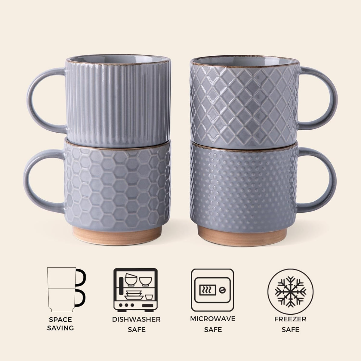 GBHOME 12OZ Stackable Coffee Mugs, Ceramic Coffee Mugs with Texture Patterns for Man,Woman,Dad,Mom, Modern Coffee Cups Set of 4 for Latte/Cappuccino/Cocoa. Dishwasher&Microwave Safe, Gray