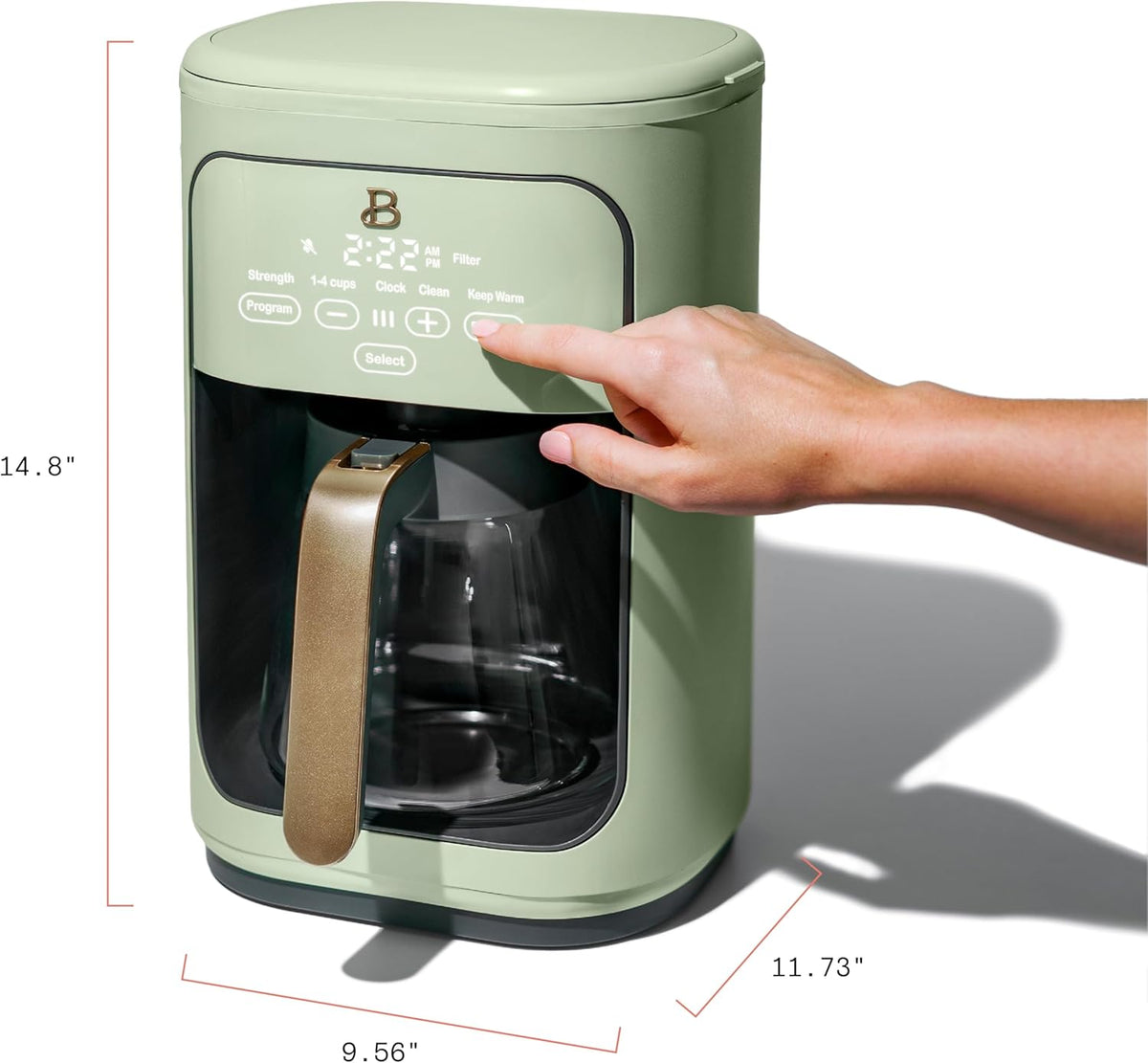 Beautiful Coffee Maker, 14-Cup, Touch Display, Programmable, 1200W, Stainless Steel, Keep Warm, 24h Timer dishwasher-safe (Sage Green)