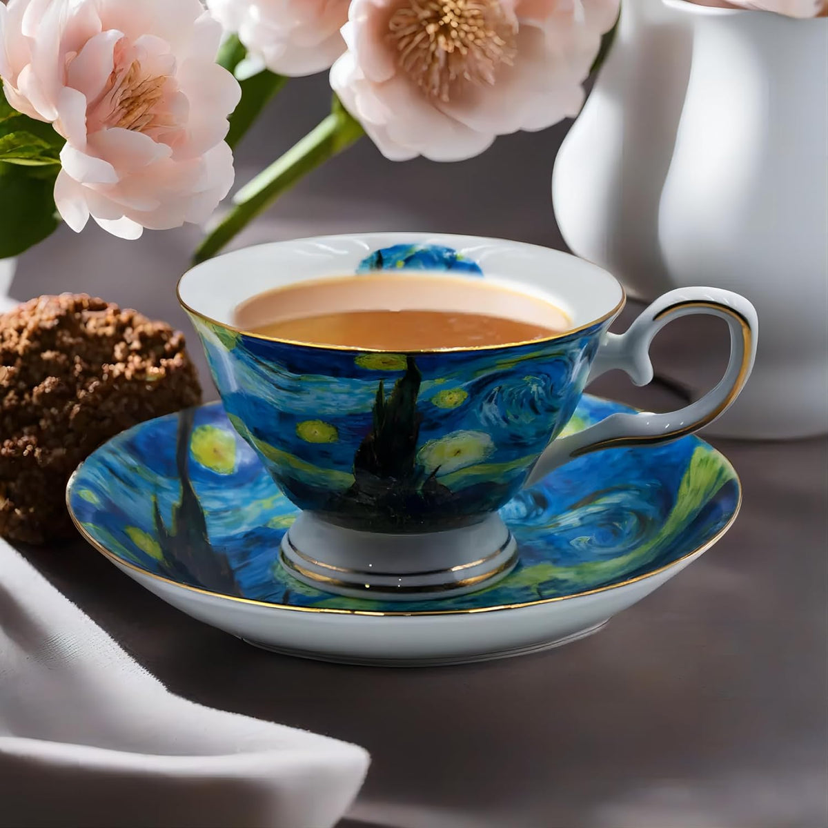Floral Tea Cups Saucers Set of 2, Bone China 7 oz British Teacups Porcelain Coffee Cup for Rose Tea Cappuccino Espresso Latte (Starry Sky & Wheat Field)