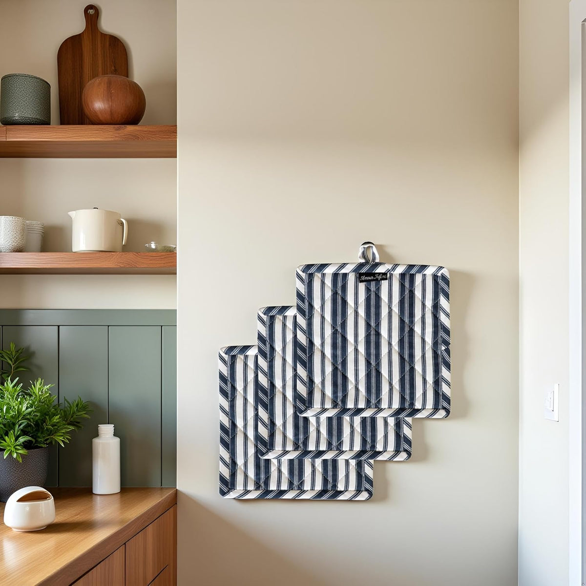 AMOUR INFINI Double Stripe Pot Holders Heat Resistant Cotton Set of 3 Nonslip 8"x8" Inch Hot Pads for Kitchen, BBQ, Baking & Cooking with Hanging Loops (Blue)