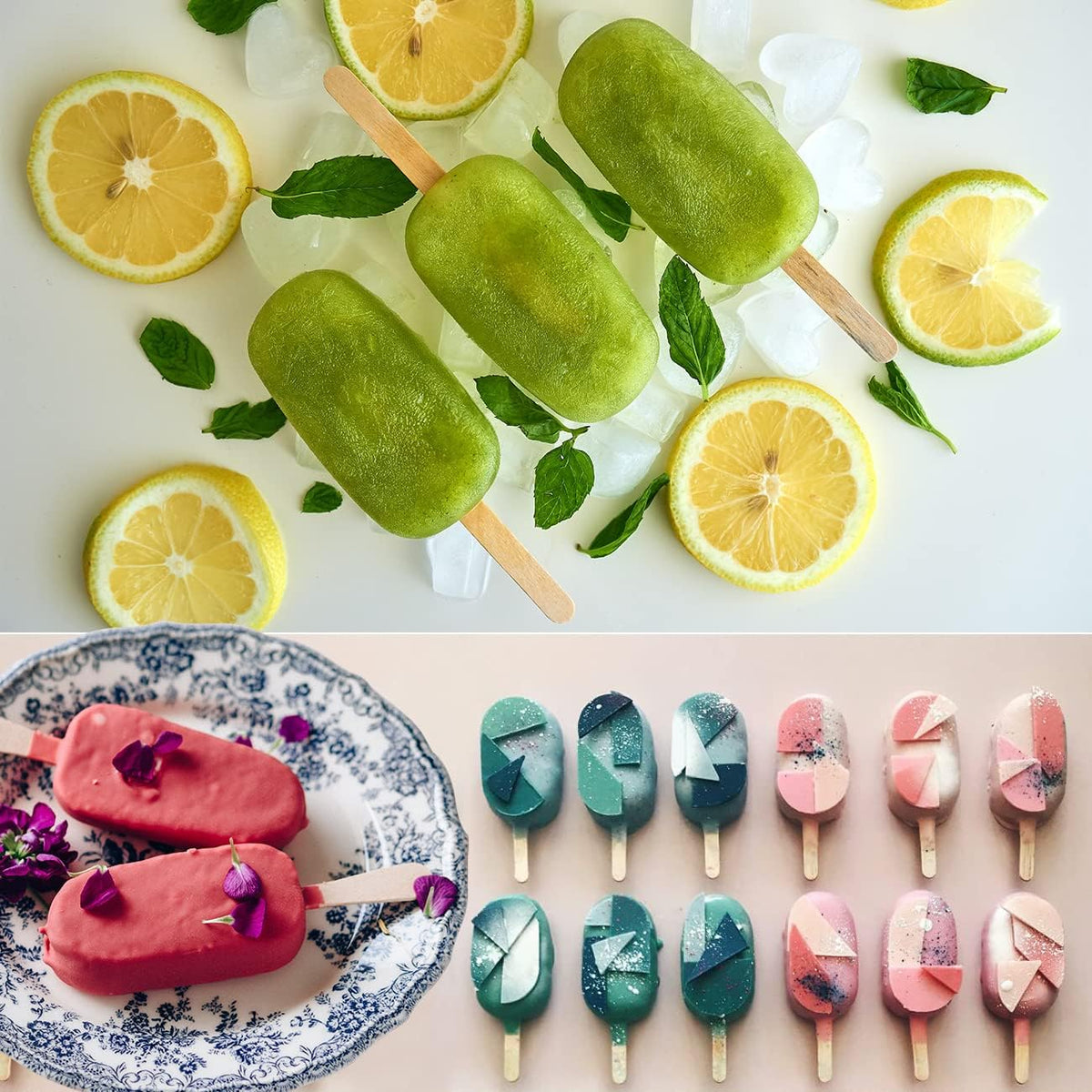 Sakolla 3 Pack Large Popsicle Molds 4 Cavities Cake Pop Silicone Molds Oval Ice Cream Cakesicle Molds for Homemade Ice Pop with 100 Wooden Sticks