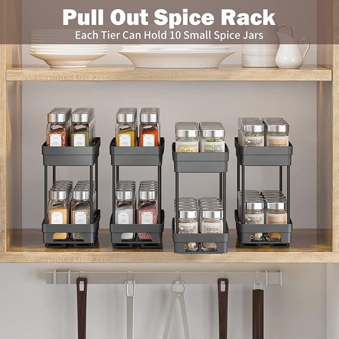 2 Pack Pull Out Spice Rack Organizer for Cabinet, 2Tier Slide Out Spice Racks Organizer, Spice Cabinet Organizers, Cabinet Size Need:12'' Highx11'' Deepx5'' Wide, Upgraded-Black