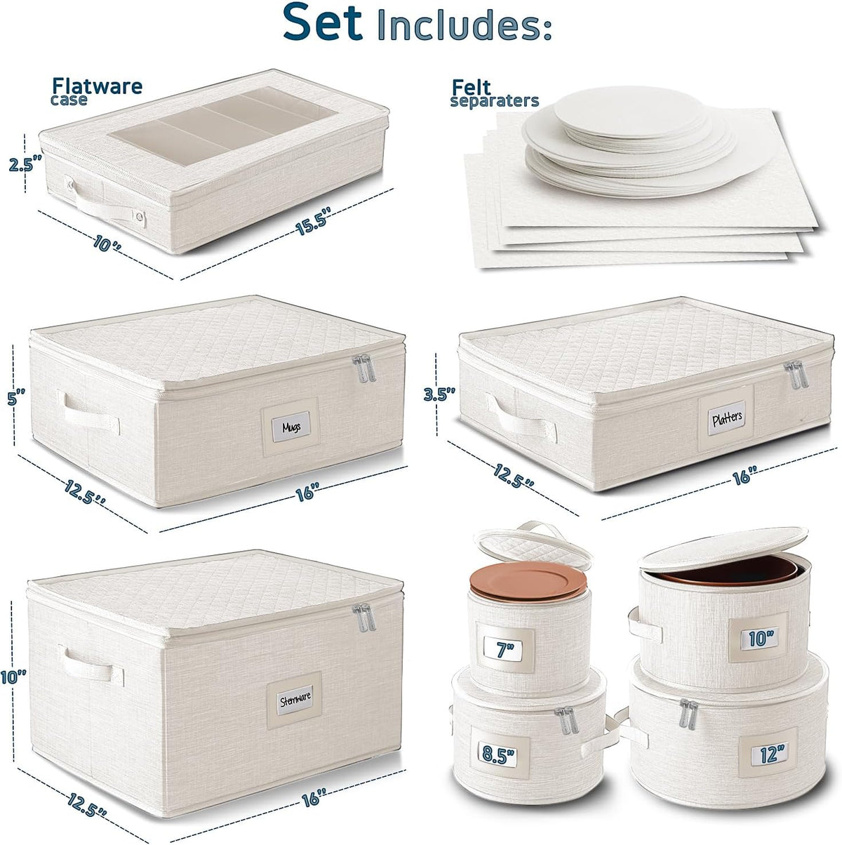 Fine China Storage Containers, 8 Piece Quilted Dish Storage Containers for Flatware & Utensil, Mug, Platter and Wine Glass with Felt Dividers, Durable Dinnerware Dish Organizers for Moving, Cream
