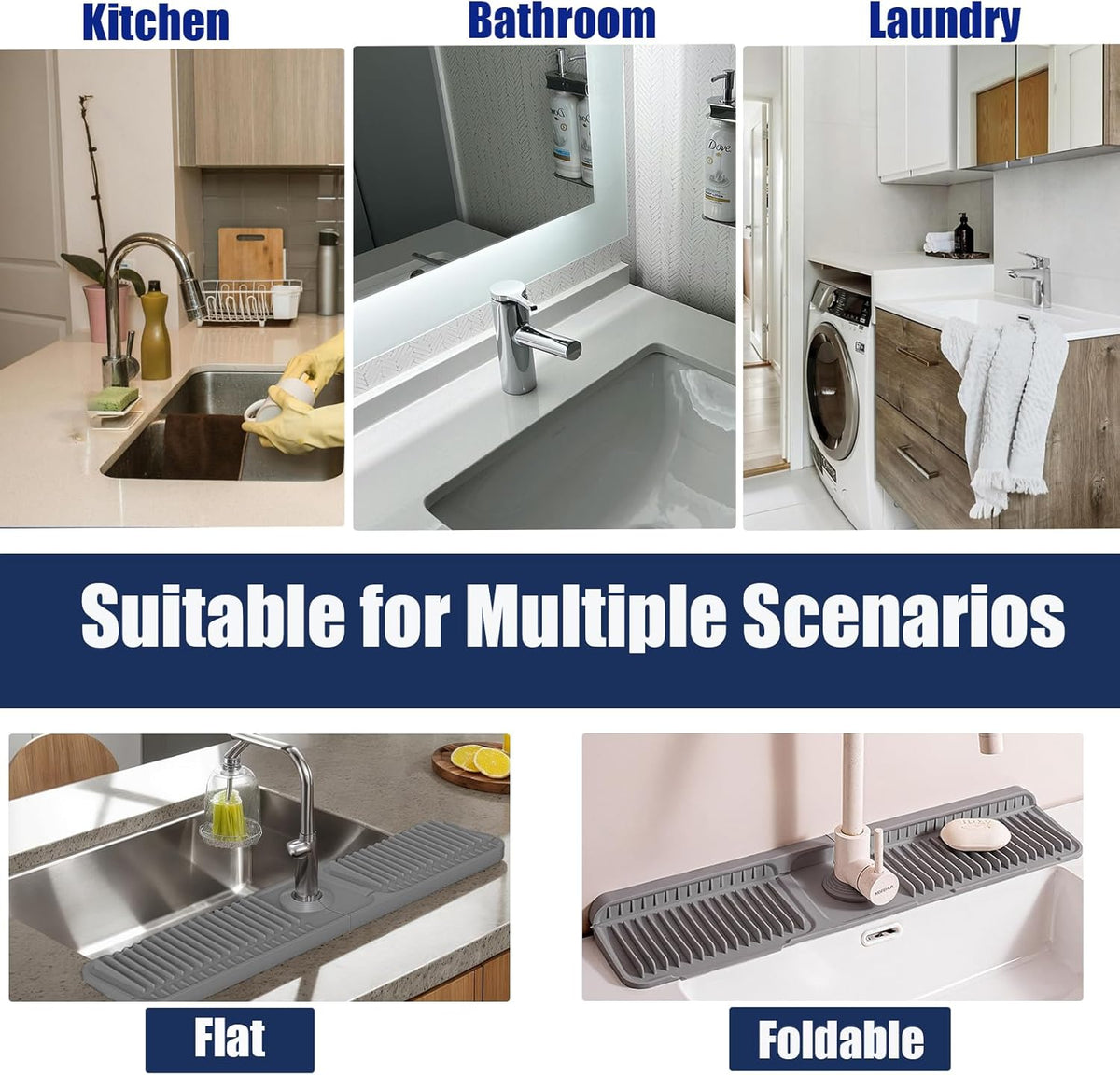 24" Silicone Faucet Mat for Kitchen Sink,Folding Sink Splash Guard Behind Faucet,Fasten Button & 6° Slope Design Faucet Drain Mat for Kitchen and Bathroom,Faucet Draining Mat(Gray)