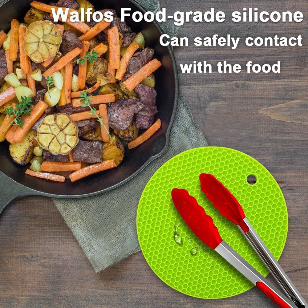 Walfos Silicone Trivet Mats - 4 Heat Resistant Pot Holders, Multipurpose Non-Slip Hot Pads for Kitchen Potholders, Hot Dishers, Jar Opener, Spoon Holder, Food Grade Silicone & BPA Free (Green)