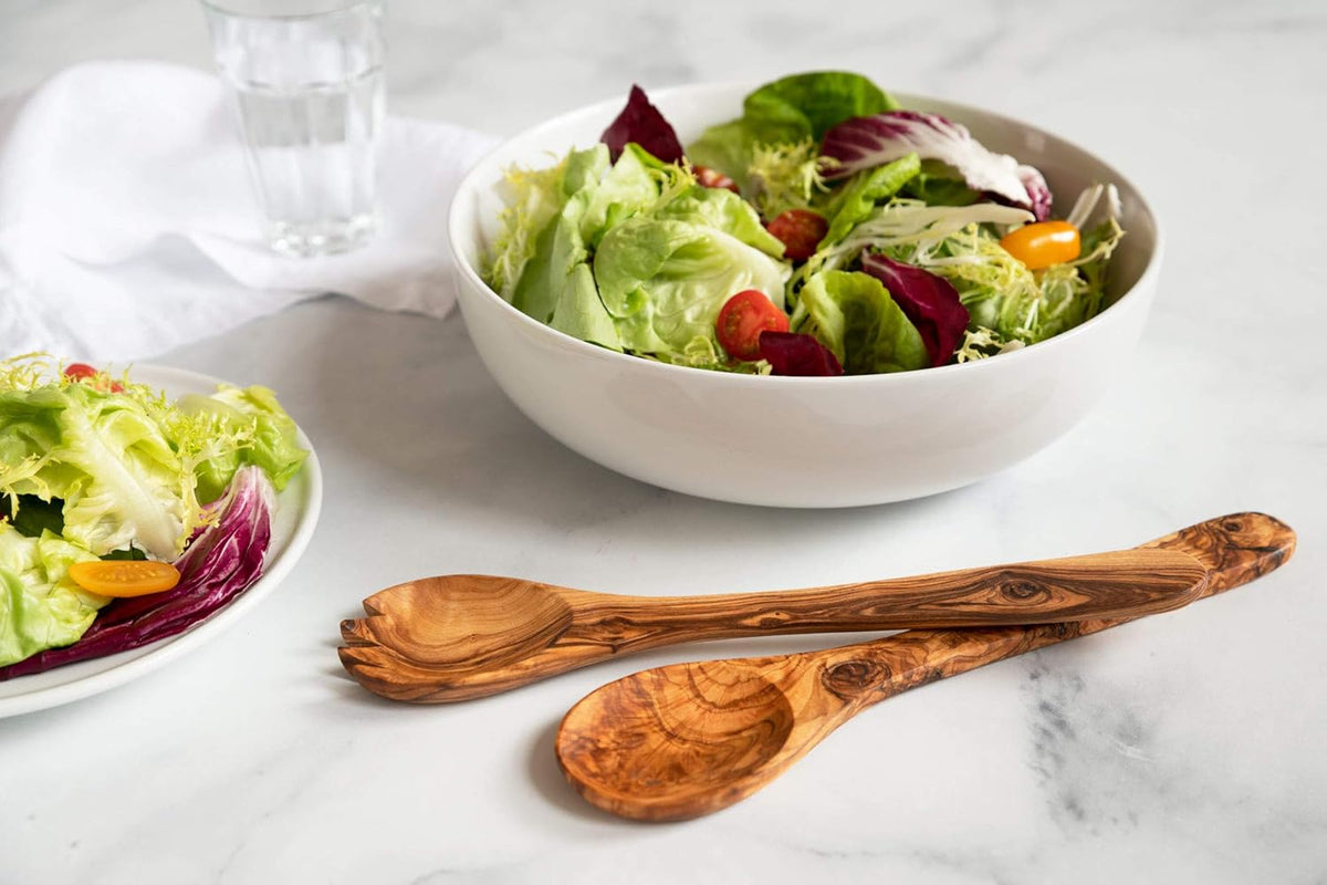 Tramanto Olive Wood Salad Server Set - 12 Inch Wooden Tongs - Rustic French Style