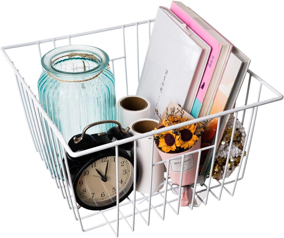 Freezer Baskets Storage Organizer, Refrigerator Metal Wire Basket bins, Household Bins with Built-in Handles for Kitchen Cabinets, Freezer, Pantry, Closets, Bathrooms, 4 Packs