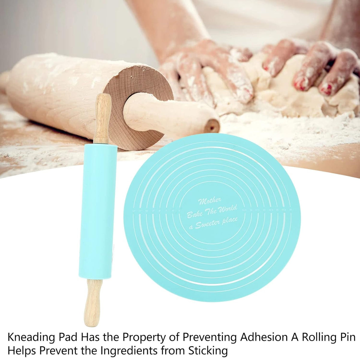 Large Silicone Rolling Pin Pastry Baking Mat Set for Kitchen (Blue)