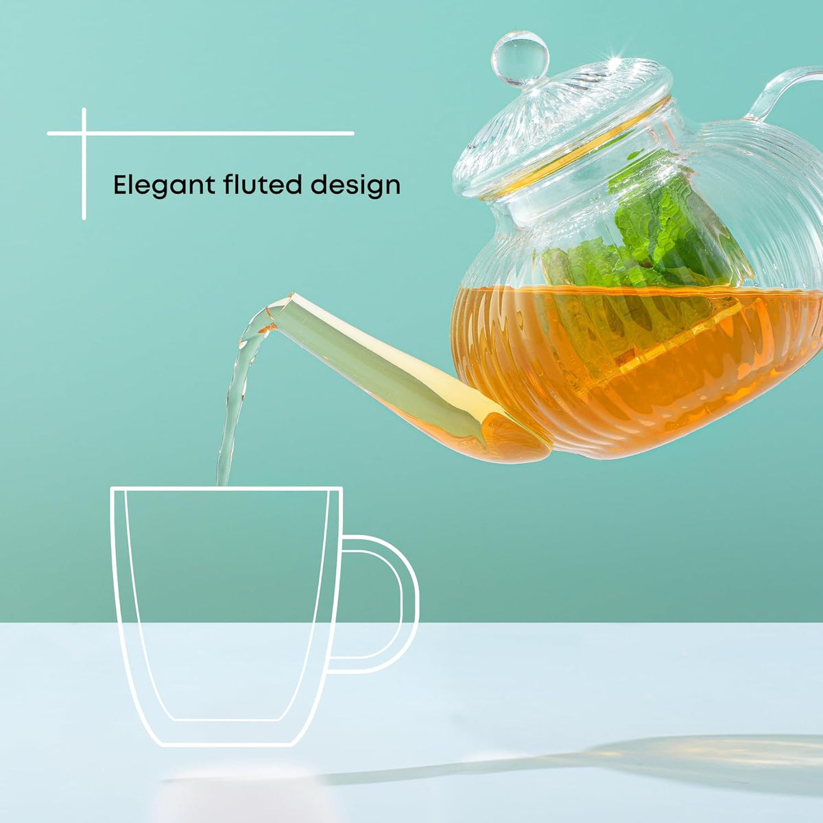 JoyJolt Fluted Glass Teapot Set 34oz, Stovetop Safe Tea Kettle, Borosilicate Clear Kettle with Removable Glass Infuser, Blooming and Loose Leaf Tea Maker and Brewer