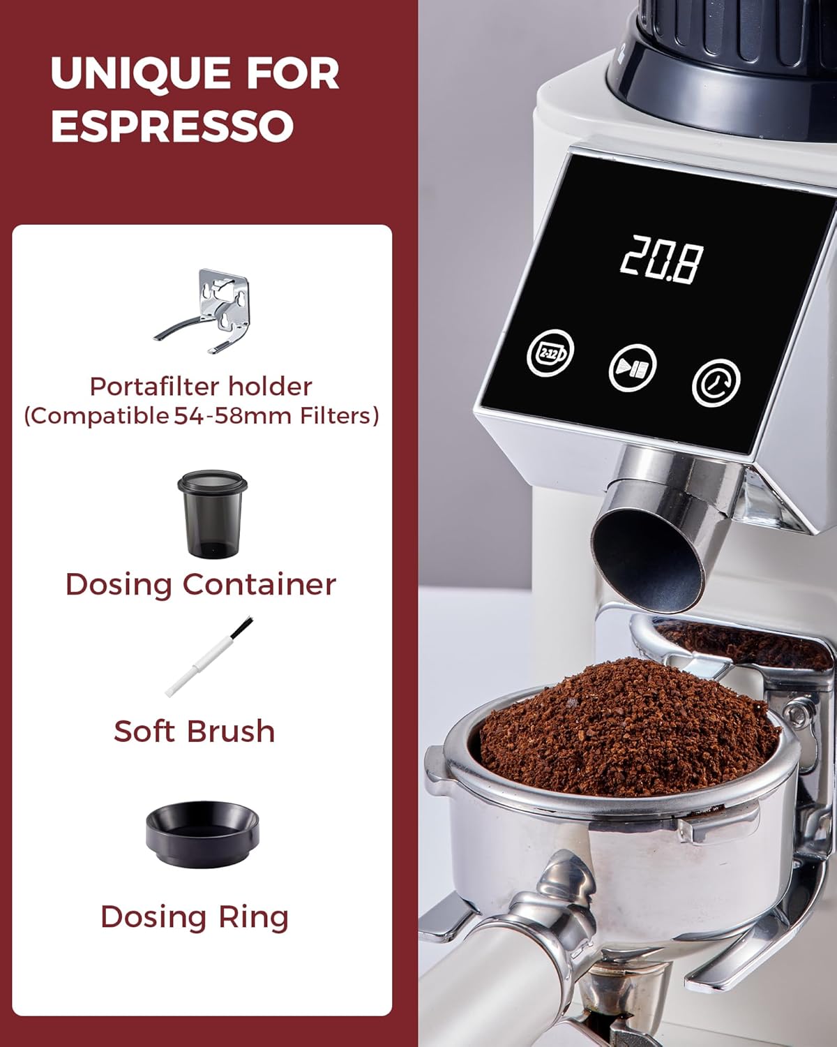 Tuni G1 Conical Burr Coffee Grinder, 48 Grind Settings Anti-static Burr Mill, Precision Electronic Timer and LED Touchscreen for Espresso/Drip/Cold Brew/French Press, Stainless Steel, Ivory