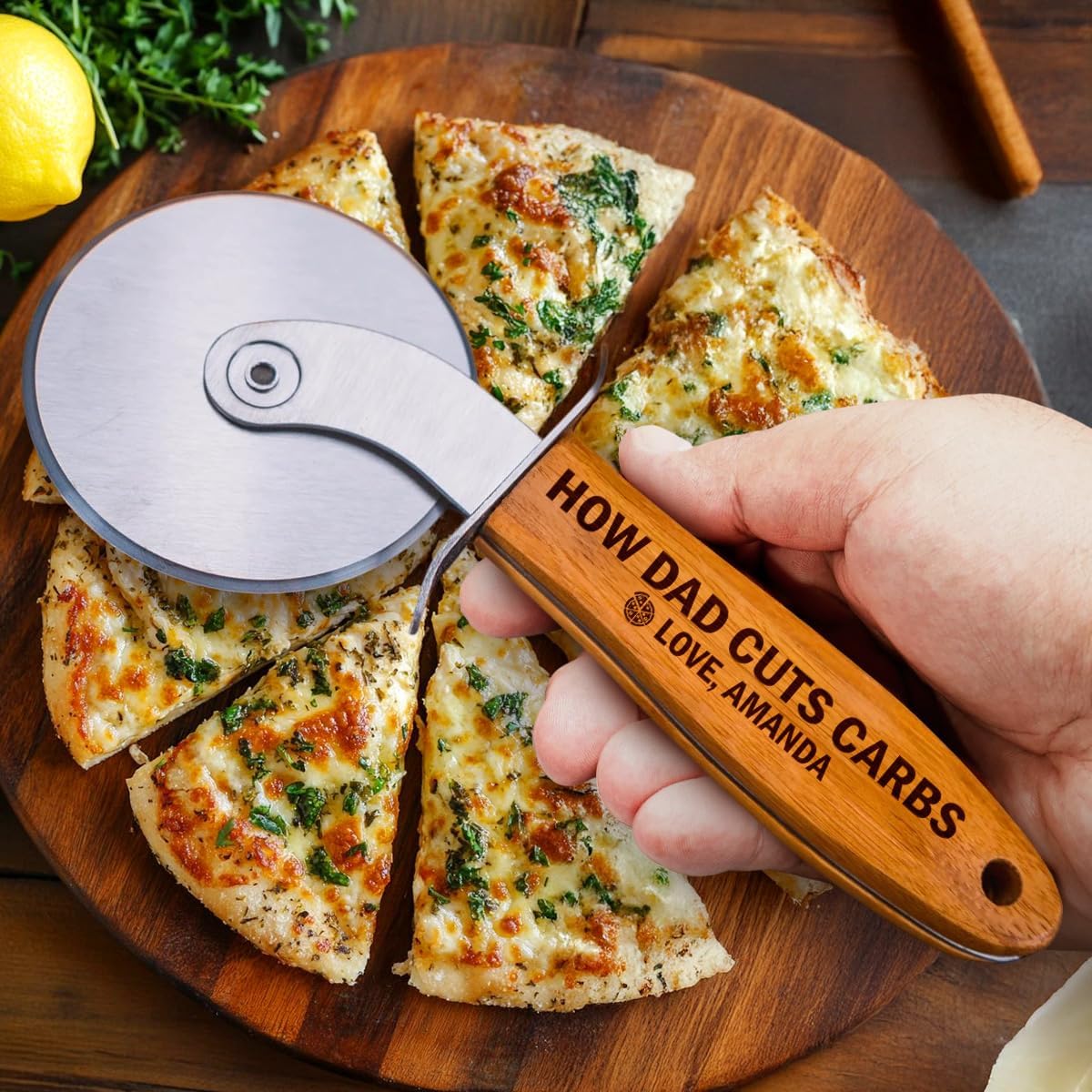 Pizza Cutter Wheel with Sharp Blade - Gifts for Men, Women, Gift for Husband, Birthday & Christmas Gift - Wooden Pizza Wheel Cutter (How Dad Cuts Carbs)