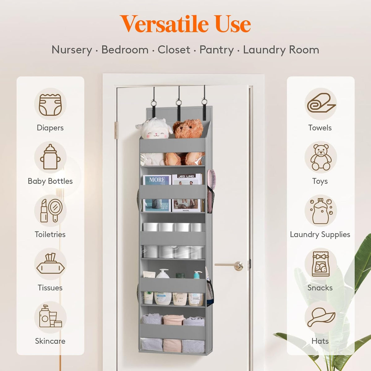 Lifewit 1 Pack Over the Door Organizer, 5 Shelf Clear Window Hanging Storage with 4 Mesh Side Pockets, Anti Tilt 40lbs Load Behind Door for Pantry, Nursery, Bathroom, Bedroom, Kitchen, Dorm,Light Grey