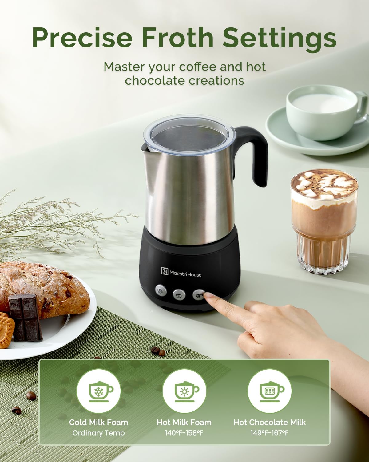Maestri House Milk Frother, 4-in-1 Electric Milk Steamer and Frother, 16.9OZ 600W Smart Touch Control Hot and Cold Foam Maker, Memory Function for Latte, Cappuccinos, Warm Milk, Hot Chocolate Milk