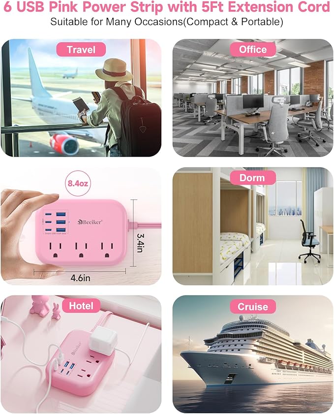6 USB(3 USB C) Pink Power Strip- 5Ft Pink Extension Cord with 6 USB Charging Station 24W/4.8A and 3 Outlets, Pink Desk Accessories for Cruise Travel Pink Cute Kawaii College Dorm Desk Home Essentials