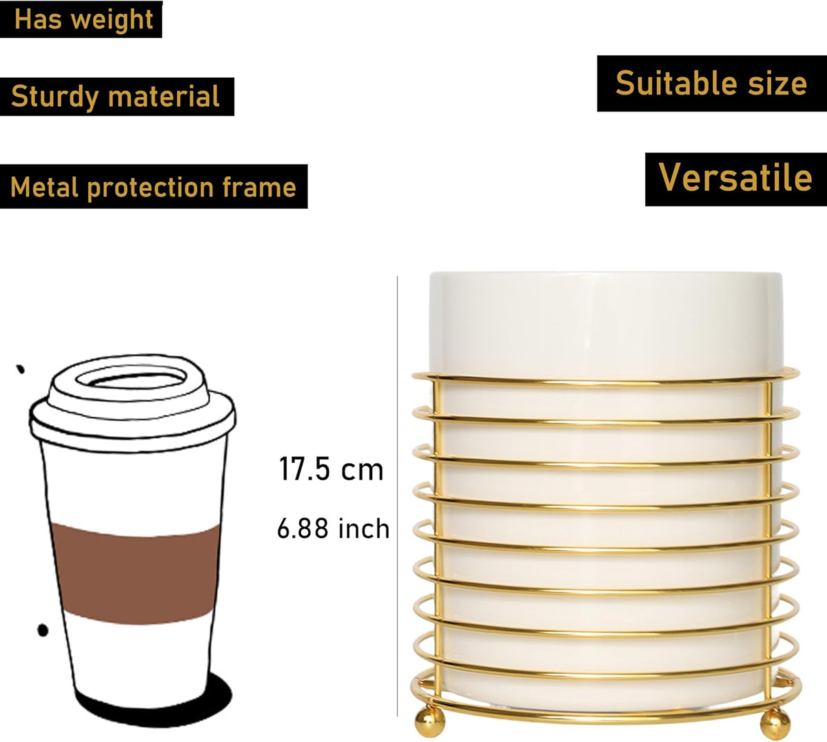 Utensil Holder for Kitchen Counter Large Cooking Utensil Holder,Gold Ring Metal Frame and White Ceramics