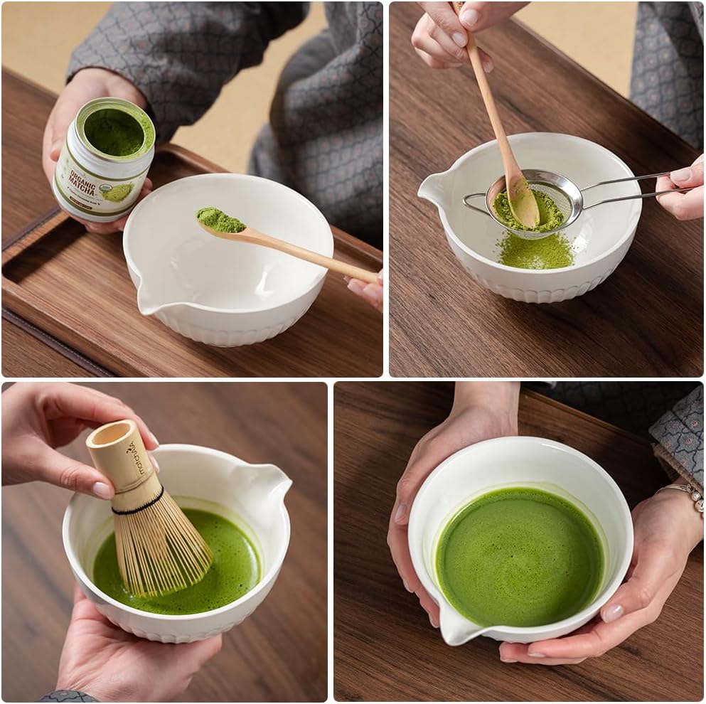 6 Pcs Matcha Set - Ceramic Bowl with Spout, Matcha Whisk with Holder, Tea Powder Canister, Sifter and Spoon, Complete Kit for Traditional Matcha, Modern Lattes, and Tea Ceremonies (White)