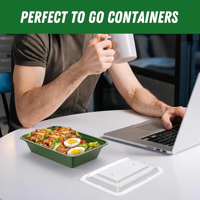50 Pack (100-Piece) 32 oz Meal Prep Containers Reusable with Easy Open Lids, Sturdy Leakproof Food Safe, Microwave Freezer Dishwasher Safe, To Go Take Out Plastic Food Storage Pans with Lids, Green