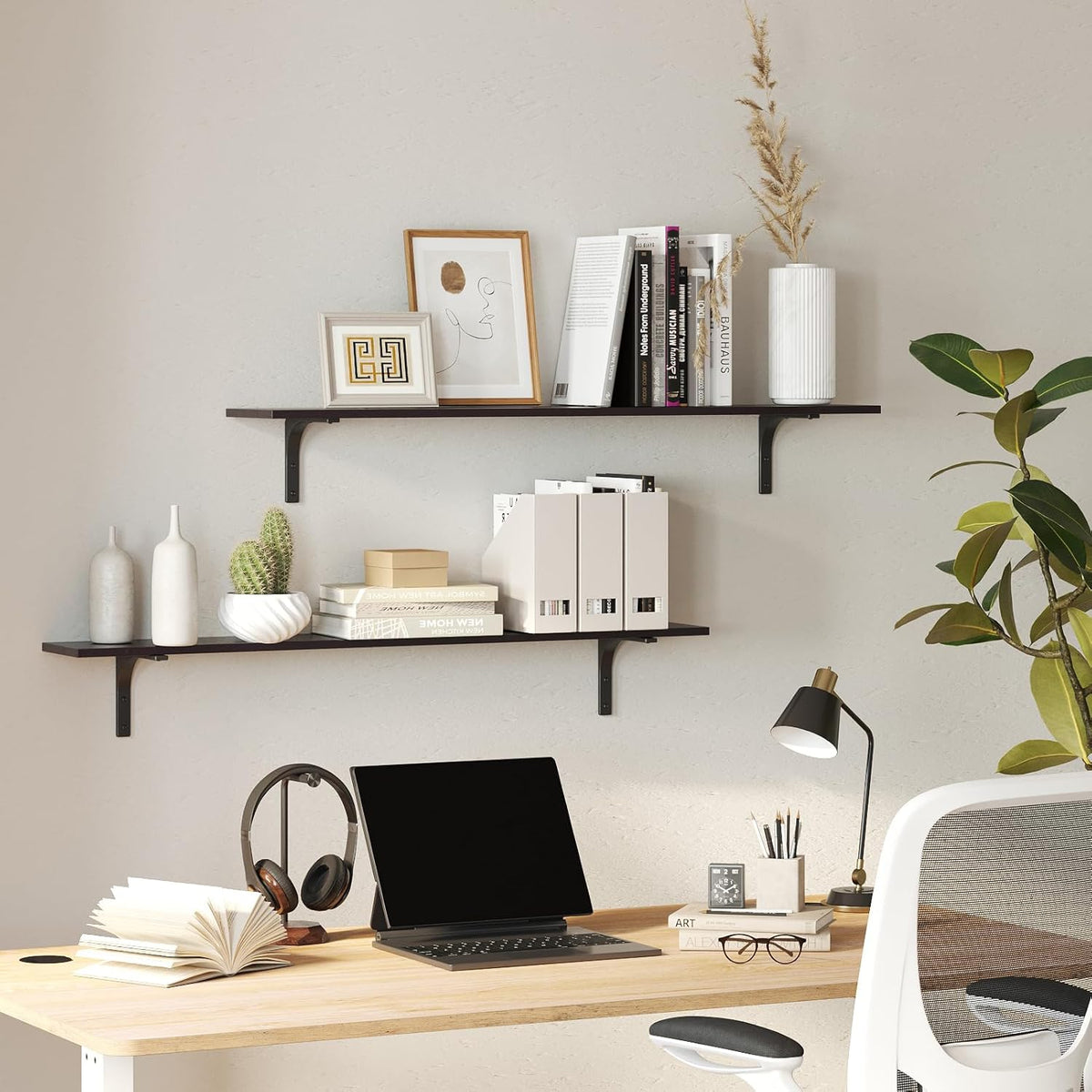 DINZI LVJ Long Wall Shelves, 47.3Inch Wall Mounted Shelves Set of 2, Extra Large Wall Storage Ledges with Sturdy Metal Brackets for Living Room, Bathroom, Bedroom, Kitchen, Espresso