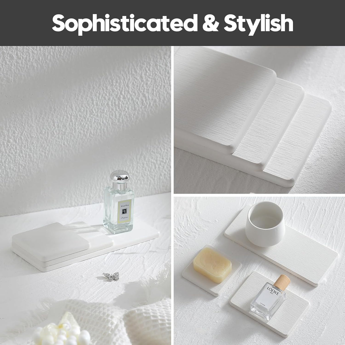 3PCS Bathroom Sink Vanity Trays, Quick Stone Drying Mat Dish Soap Dispenser Sponge Holder for Kitchen Counter, Diatomaceous Earth Water Absorbing Caddy Organizer, White