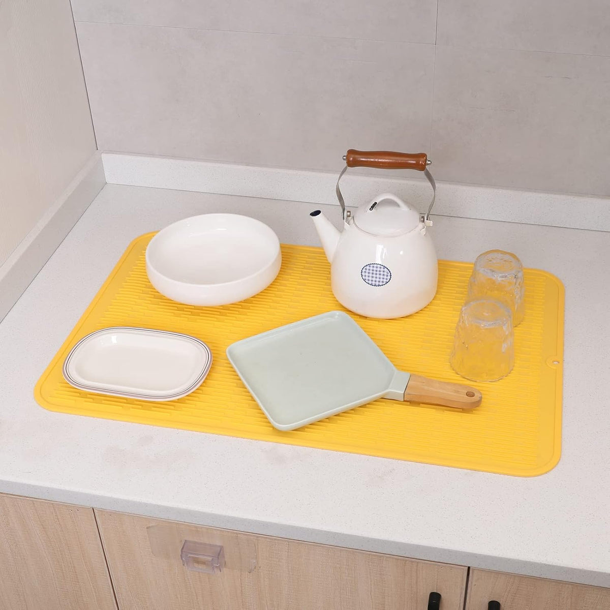 Silicone Dish Drying Mat for Multiple Usage,Easy clean,Eco-friendly,Heat-resistant Silicone Mat for Kitchen Counter or Sink,Refrigerator or Drawer Liner Yellow 3XL 28 inches x 18 inches