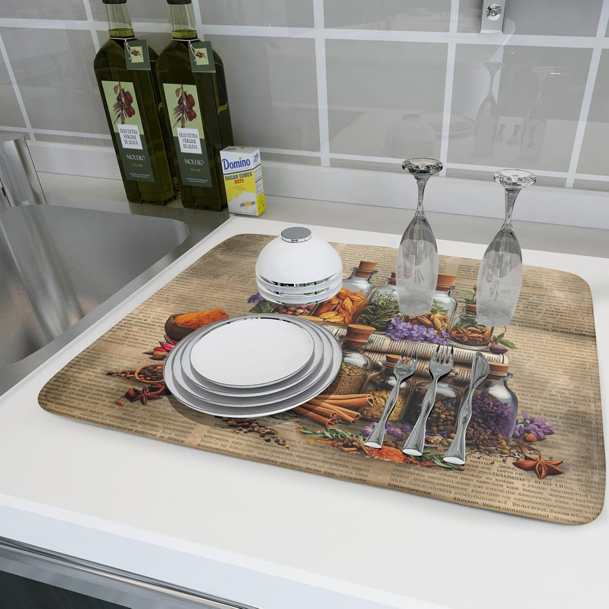 Herbs Kitchen Dish Drying Mat - Spice Bottle Absorbent Microfiber Dish Rack Mat Drying Pad 18 X 24 In