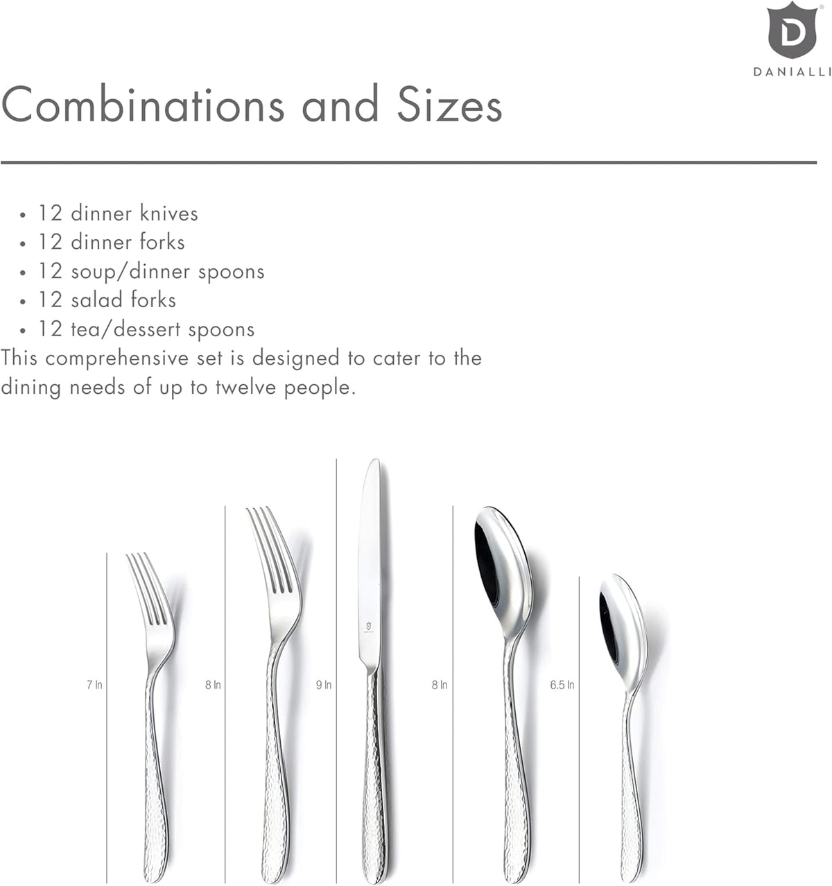 Hammered Silverware Set | Premium 18/10 Stainless Steel Flatware Service for 12 | Heavy-Duty & Dishwasher Safe | Built to Last (60-Piece, Fidenza Hammered)