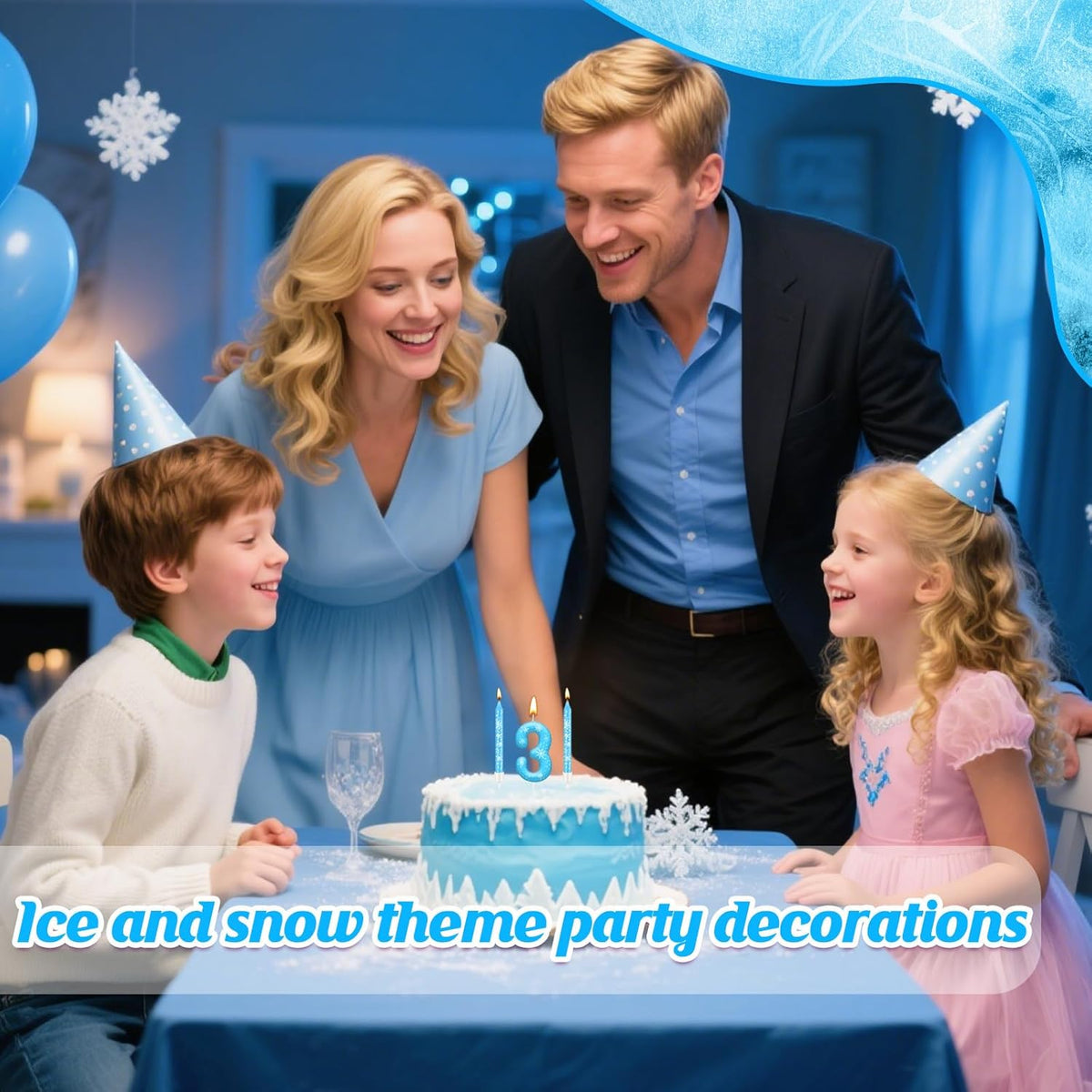 13PCS White and Blue Frozen Themed Party Birthday Candles Set - Blue Number Candles Snowflake Themed Decorations, Girls Party Supplies(Number 3)