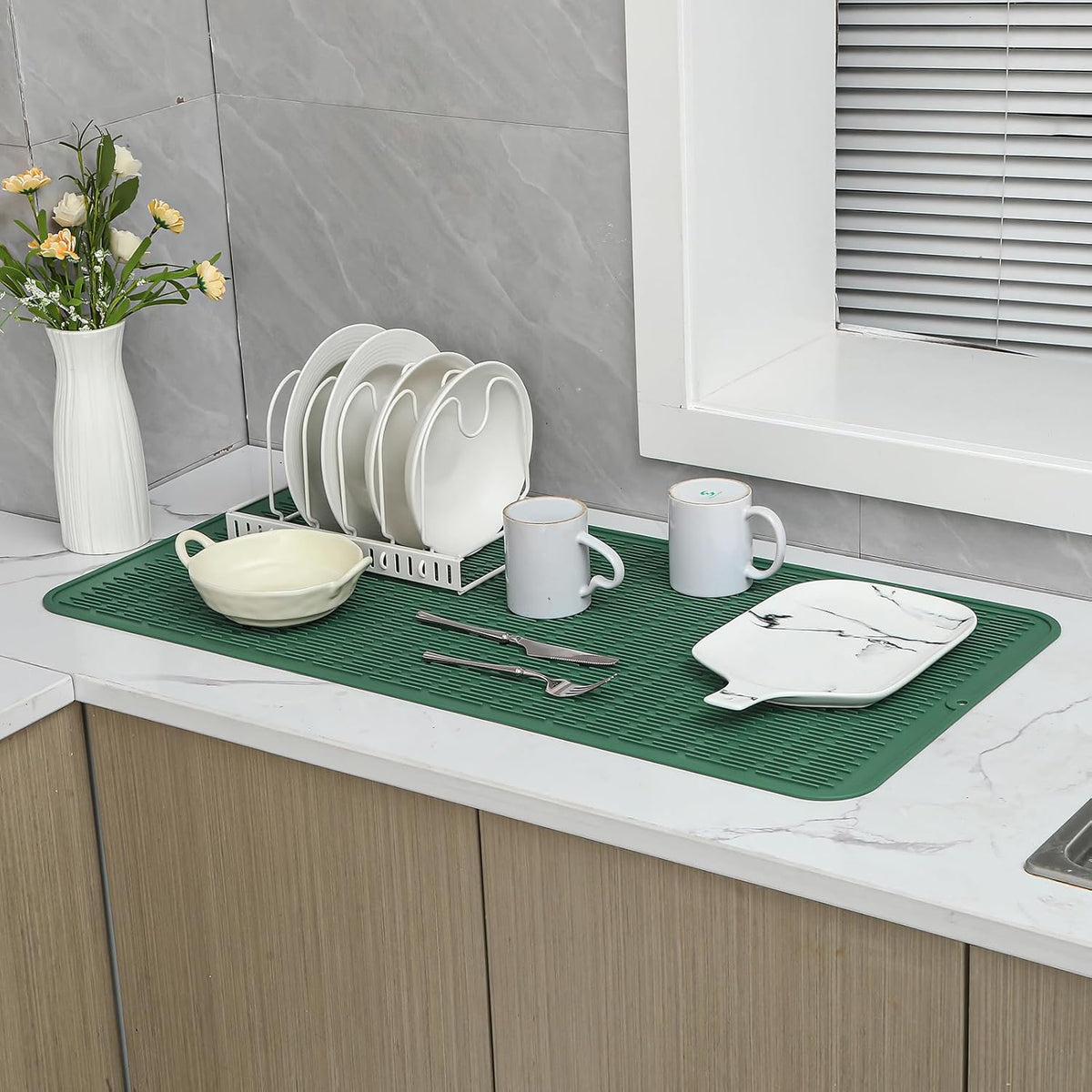 Silicone Dish Drying Mat for Multiple Usage,Easy clean,Eco-friendly,Heat-resistant Silicone Mat for Kitchen Counter or Sink,Refrigerator or Drawer Liner Green 5XL 36inches x 18inches