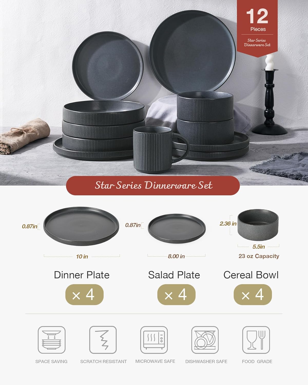 Famiware Star Dinnerware Sets, Plates and Bowls Set for 4, 12 Pieces Ribbed Dishes - Chip and Scratch Resistant, Microwave and Dishwasher Safe Tableware, Matte Dark Charcoal