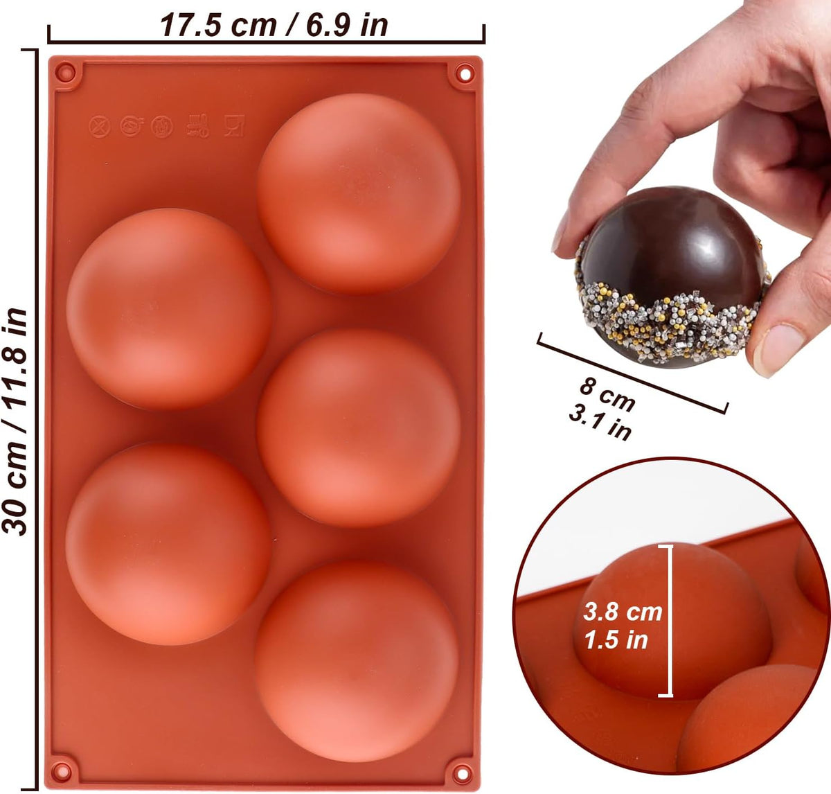 3 Pack Extra Large 5-Cavity Semi Sphere Silicone Molds, Half Sphere Baking Mold Non-Stick for Making Big Size Hot Chocolate Bomb, Jelly, Cake, Dome Mousse
