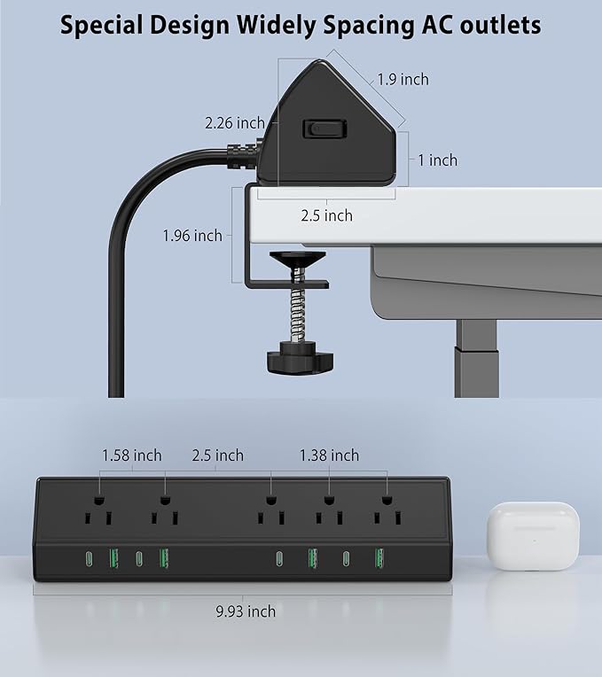 45W Fast Charging Station,Desk Clamp Power Strip,4 PD USB-C Ports,5 AC Outlets,Surge Protector Power Strip, 14AWG Heavy Duty Cord, Fits 1.9" Tabletop Edge (Black, 20 FT Cable)