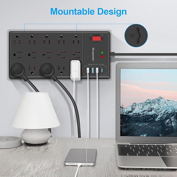 Surge Protector Power Strip 10 ft cord-15 Widely Spaced Outlets and 4 USB Ports(1 USB C Port),14 AWG Extension Cord,1875W/15A Heavy Duty Power Strip Surge Protector 10 ft Cord,2800J,Black
