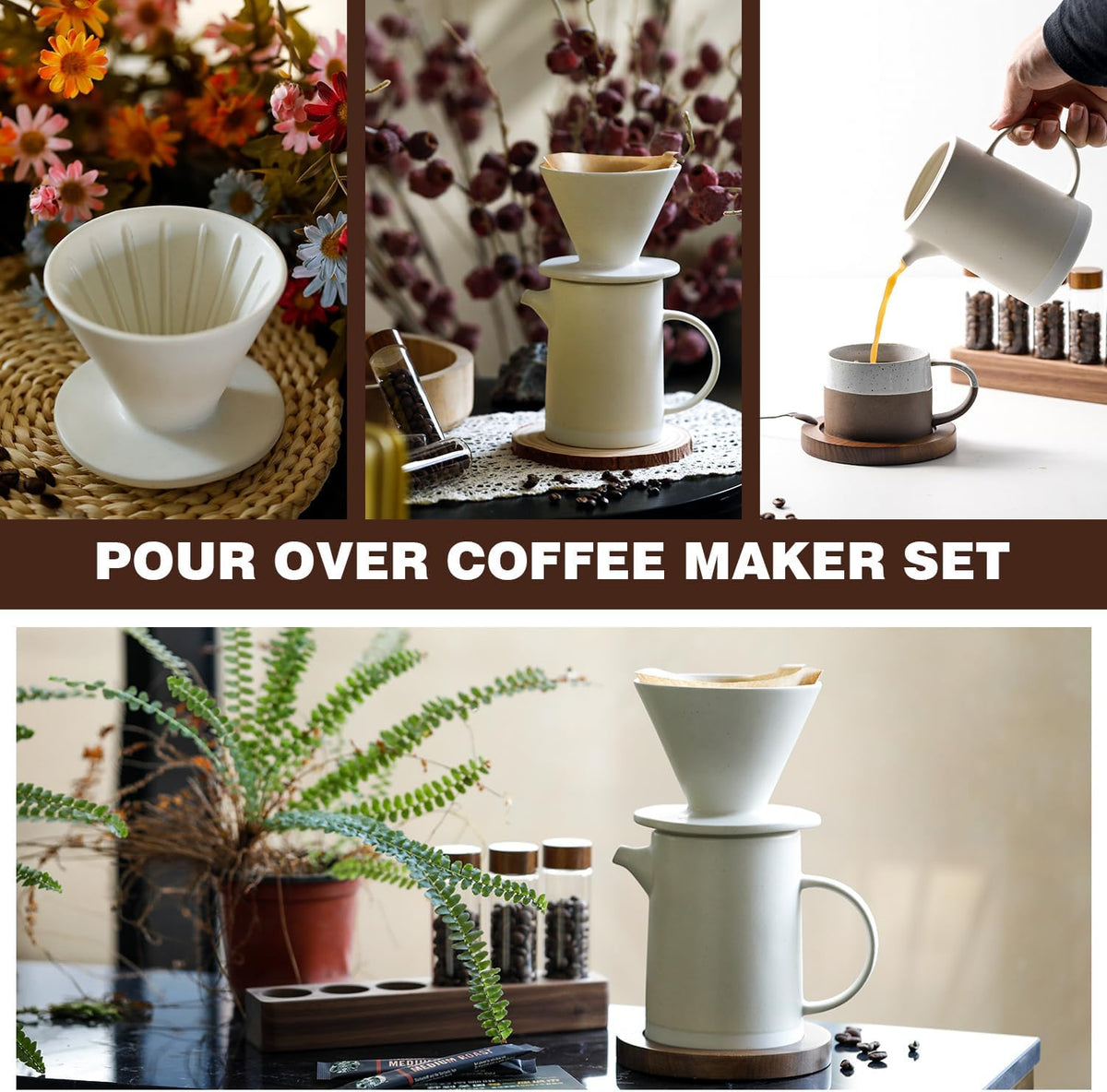 Pour Over Coffee Maker Set Vintage Ceramic Pour Over V60 Coffee Dripper Set with 20 Count Paper Coffee Filters,for Home Café Restaurant Camping,15.8 Ounces(White)