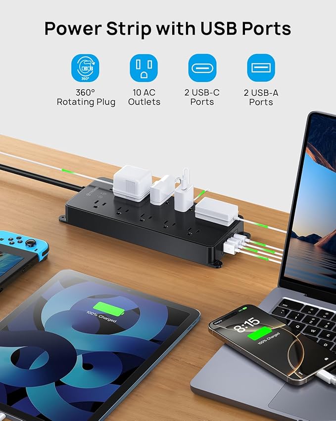 TROND Surge Protector Power Strip with 360° Rotating Flat Plug, 4000J, ETL Listed, 10 Widely Spaced Outlets, 2 USB A and 2 USB C, 5ft Extension Cord, Wall Mountable, for Home Office Garage, Black