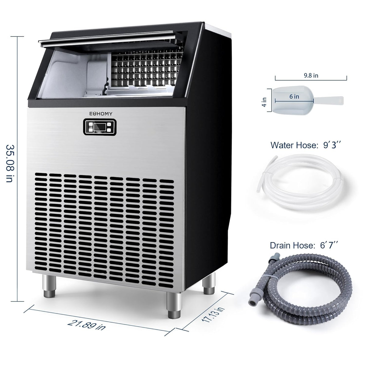 EUHOMY Commercial Ice Maker Machine, 200lbs Daily Output, Under Counter ice Machine with 65lbs Ice Storage Capacity, Perfect for Home/Bar/Restaurant/Outdoor Activities(Stainless Steel)
