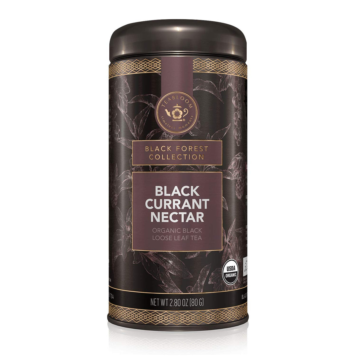 Teabloom Organic Black Tea, Black Currant Nectar Loose Leaf Tea, USDA Certified Organic, 2.80 Ounce Loose Leaf Tea Canister Makes 35-50 Cups