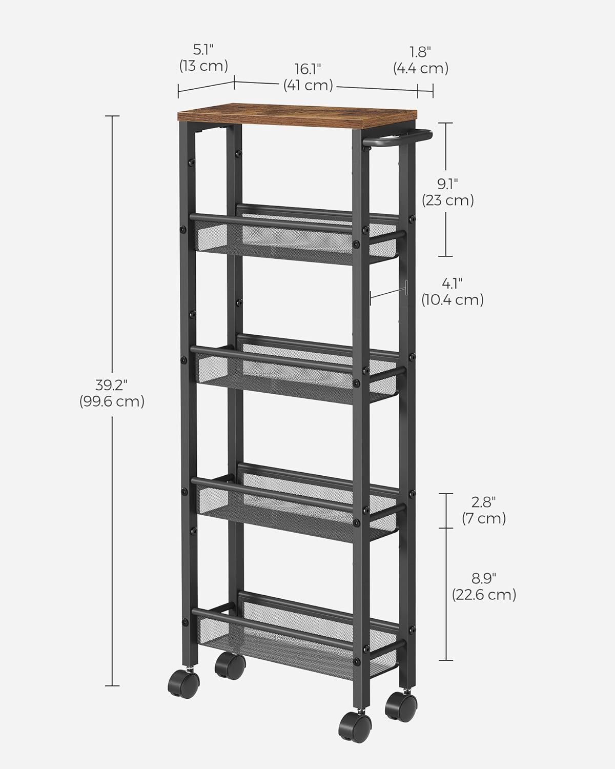 VASAGLE Slim Rolling Cart, 5-Tier Storage Cart, Narrow Carts with Handle, 5.1 Inches Deep, Metal Frame, for Kitchen, Dining Room, Living Room, Home Office, Rustic Brown and Classic Black ULRC034B01