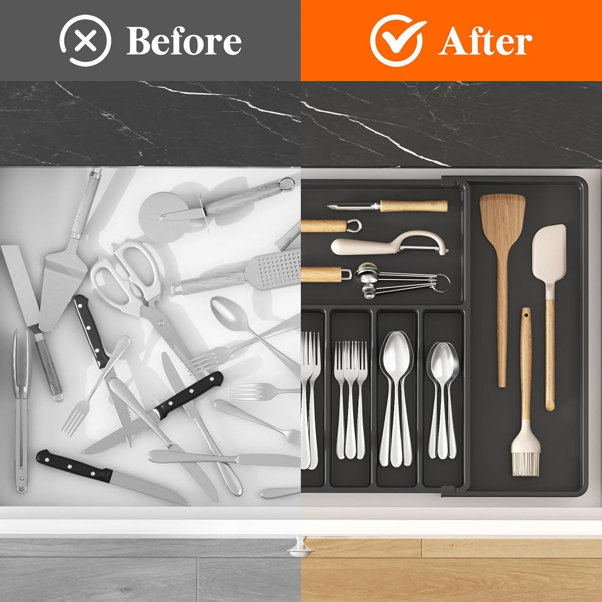 Lifewit Silverware Drawer Organizer, Expandable from 16.9 to 30 inches, Large Utensil Tray for Kitchen, Adjustable Cutlery Holder, Plastic Flatware Storage for Spoons Forks Knives, Black