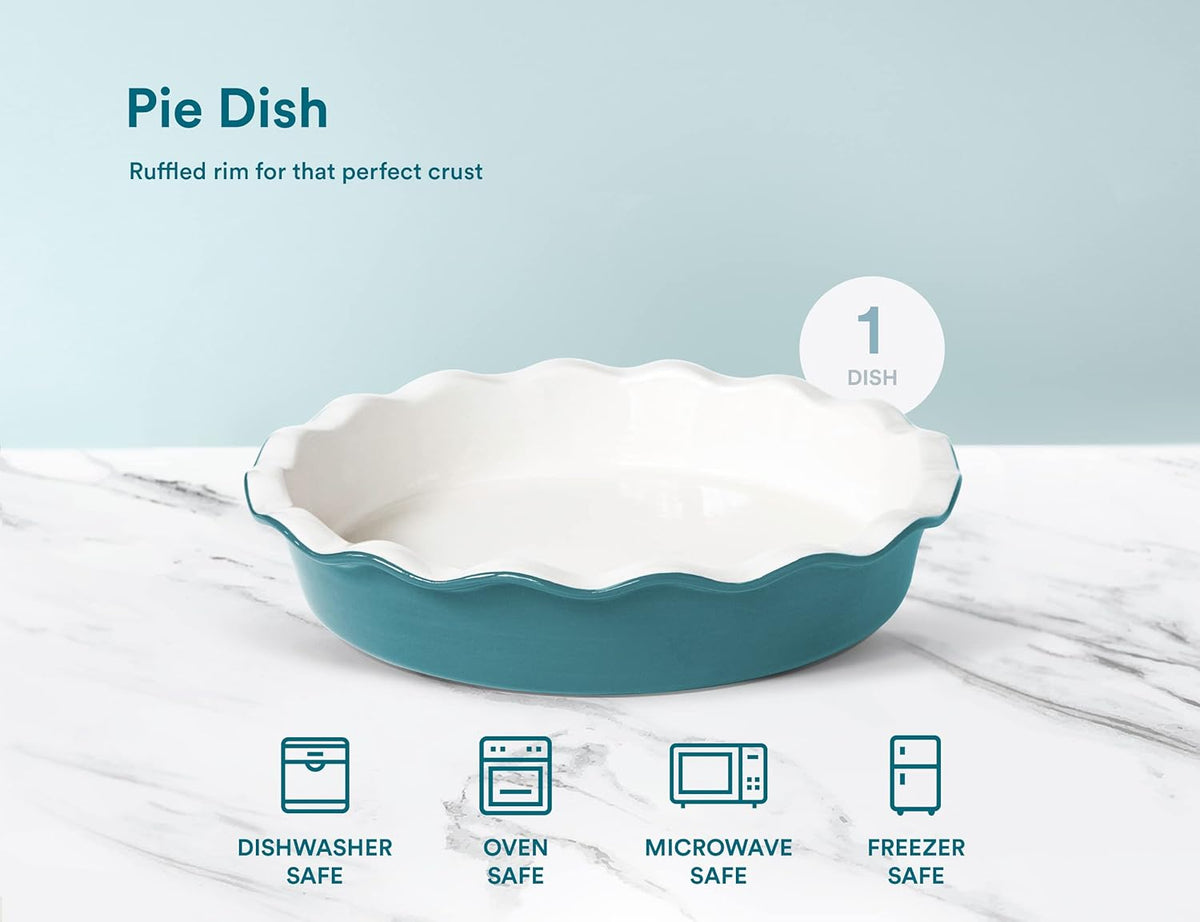KooK Deep Dish Pie, Pecan Dessert Dish, Porcelain, Ceramic, Deep Dish Plate 10 Inch, Apple Pie, Ruffled Wave Edge, Reusable Round Pan, Oven and Dishwasher Safe, 44 Oz (Aqua)