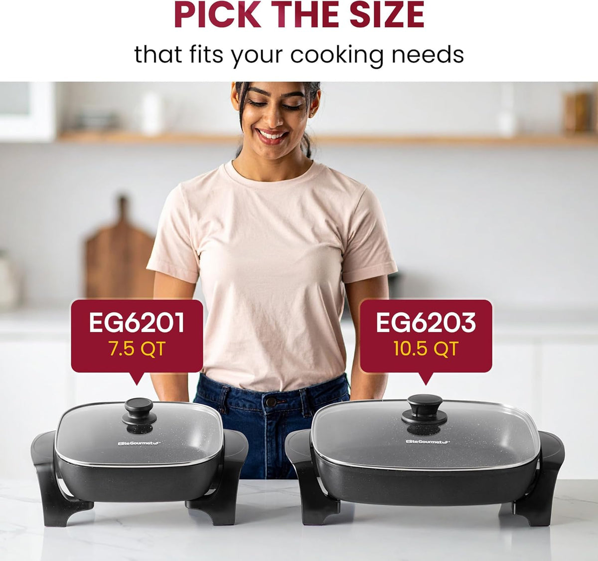 Elite Gourmet EG6203 Extra Deep 16"x13"x3.2" (10.5Qt.) Scratch Resistant, Easy Pour Spout, Dishwasher Safe, Non-stick Electric Skillet with Vented Glass Lid, Adjustable Temperature, Black