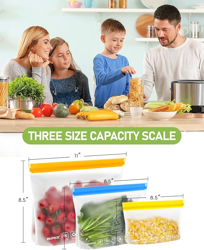 IDEATECH Food Storage Containers, BPA Free PEVA Reusable Gallon Freeezer Bags, Reusable Quart Size Sandwich Bag, Leakproof Baggies for Travel, Lunch, Healthy Food (8Gallon 6Quart 6Snack, Grey)