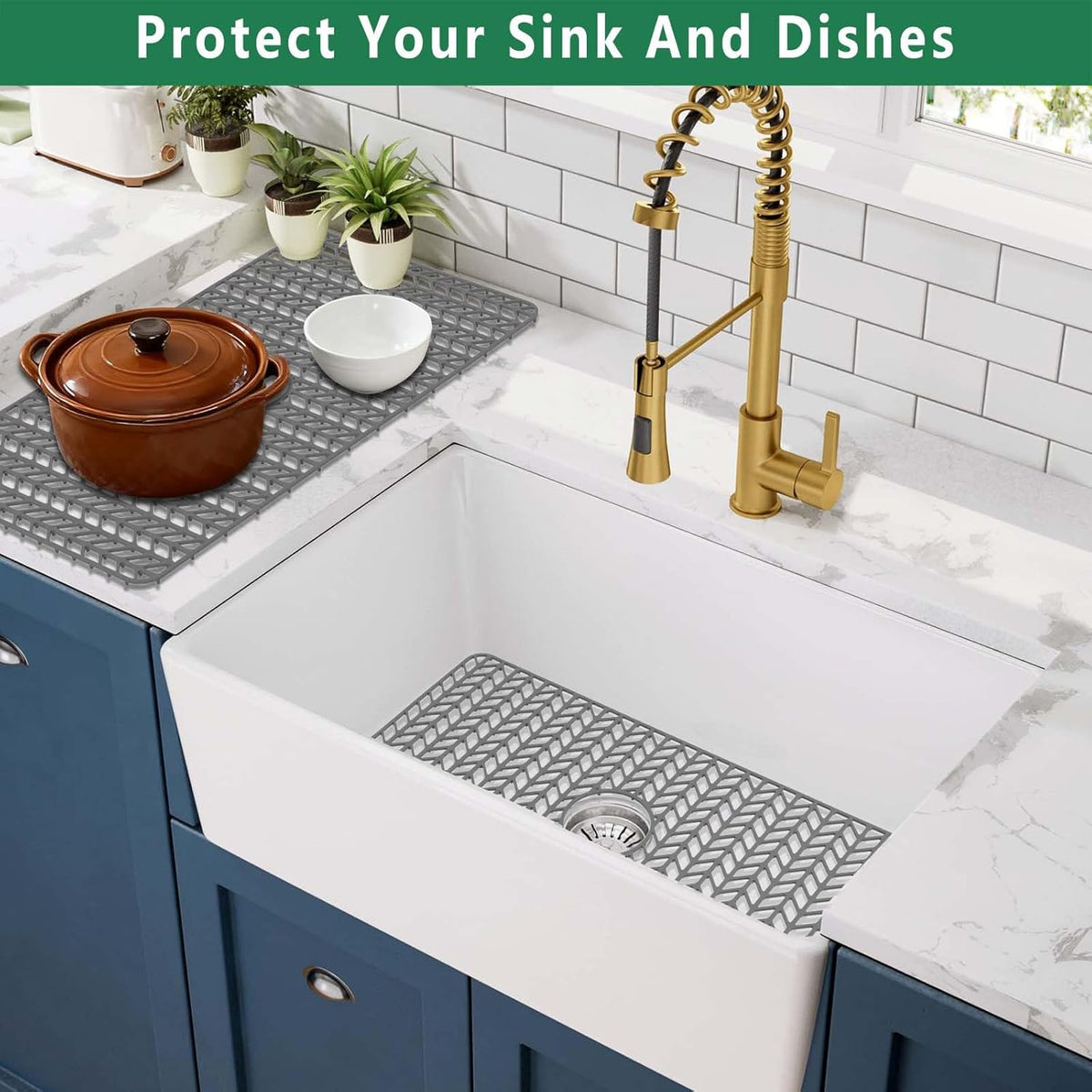 GUUKIN Sink Protectors for Kitchen Mat - 30"x 16" Silicone Kitchen Sink Mat Grid for Bottom of Farmhouse Stainless Steel Porcelain with Center Drain(Grey)