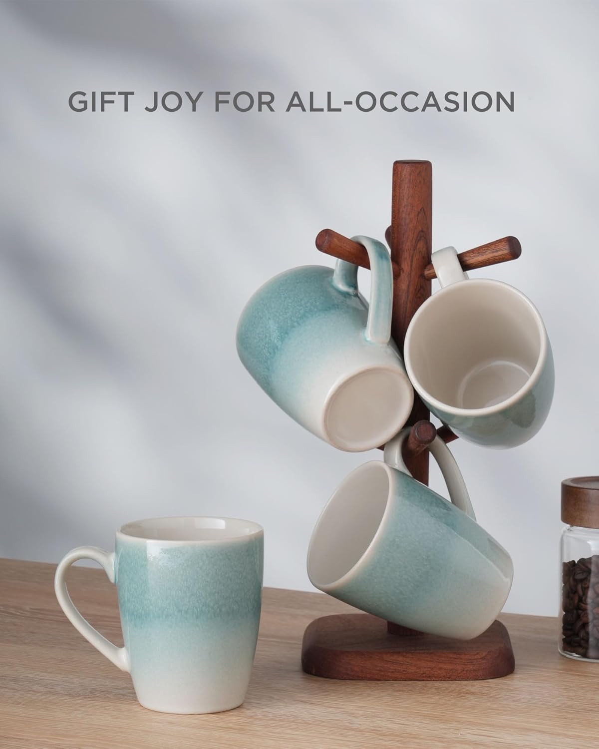 famiware Coffee Mugs Set, 13 oz Mug Set of 4, Stoneware Cups for Latte, Hot Tea, Mocha, Cocoa, Cappuccino, Microwave and Dishwasher Safe, Glacier Series, Aqua