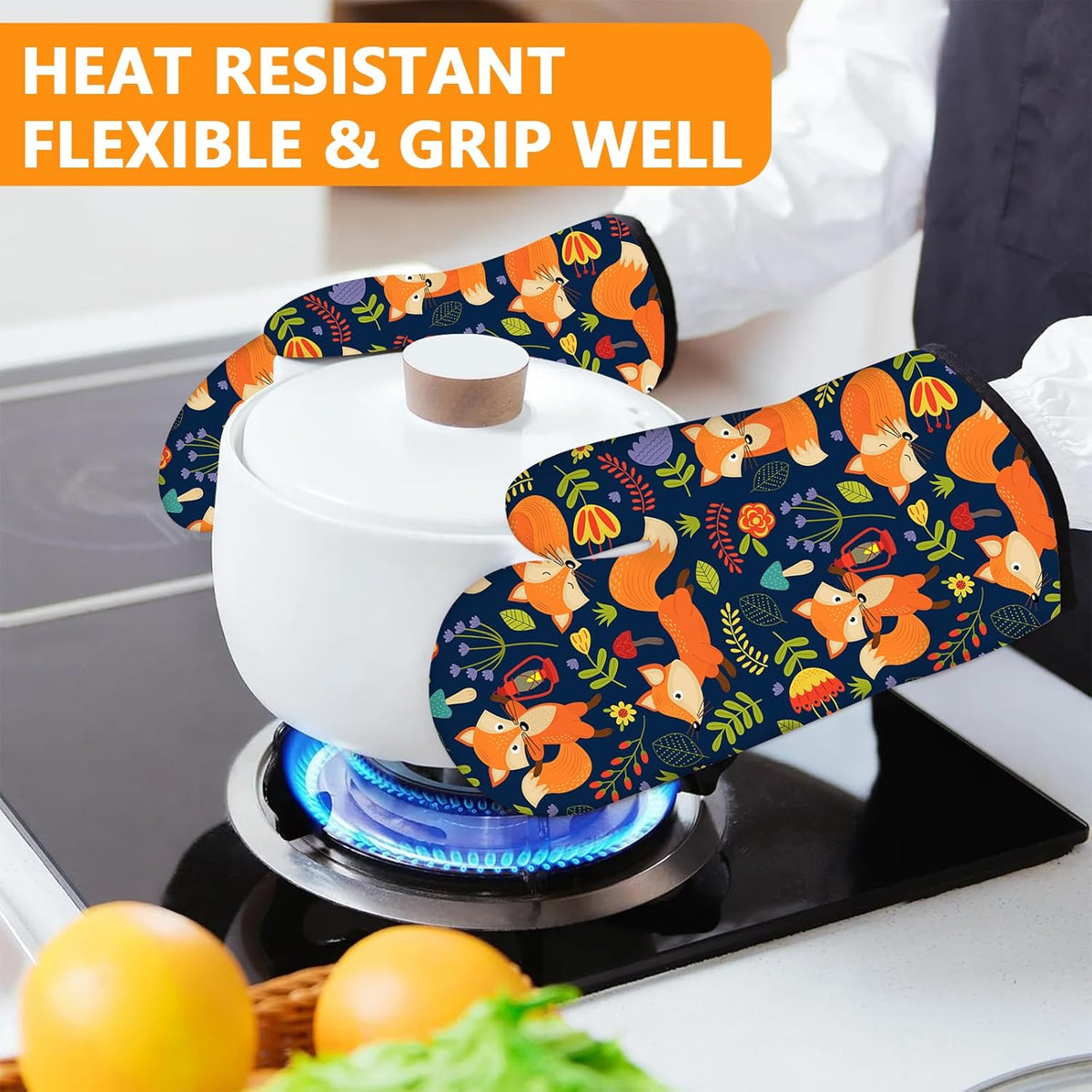 Cute Fox Oven Mitts and Pot Holders Sets 4Pcs,Extra Long Oven Gloves Potholder for Kitchen Cooking Baking BBQ 100% Cotton Heat Resistant